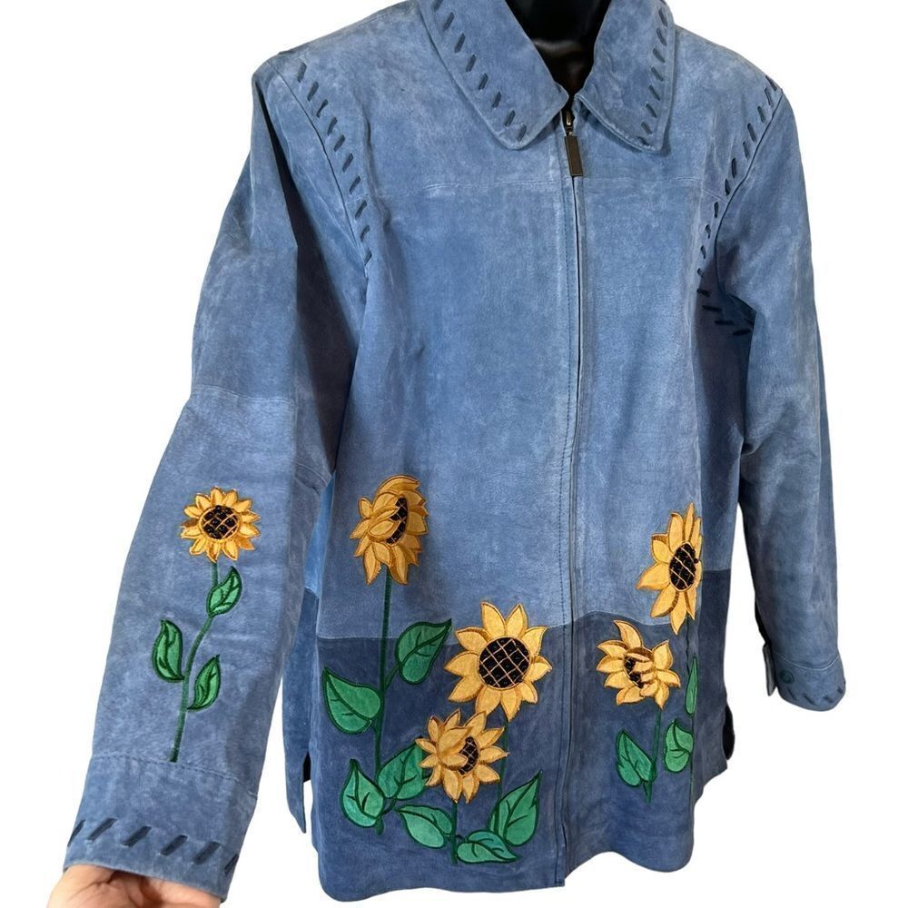 Quacker Factory blue suede Whipstitched Sunflower patchwork jacket - Picture 13 of 14